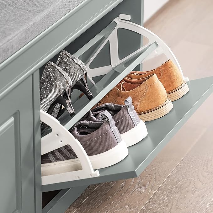 Haotian Grey Storage Shoe Bench with 2 Flip Drawers & Padded Seat Cushion, Enterway Bench Shoe Cabinet Shoe Organizer, Hidden Shoe Rack for Hallway, Bedroom FSR64-HG