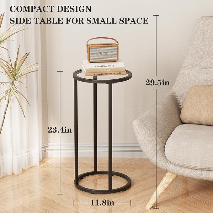 Round Side Table,Glass C Table,Couch End Table, Tempered Glass Snack Table with Metal Frame, Sofa Couch Bedside Table,TV Tray Table for Small Space(Black)