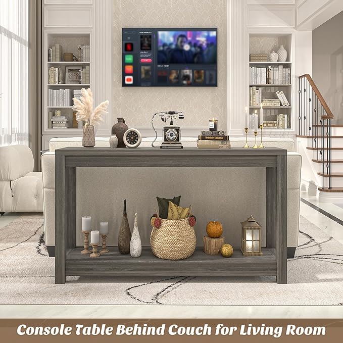 47" Farmhouse Wood Entryway Table Narrow Console Table with Storage Behind Couch Sofa Table with Shelves Entry Way Table with Open Storage, Easy Assembly, Grey Walnut
