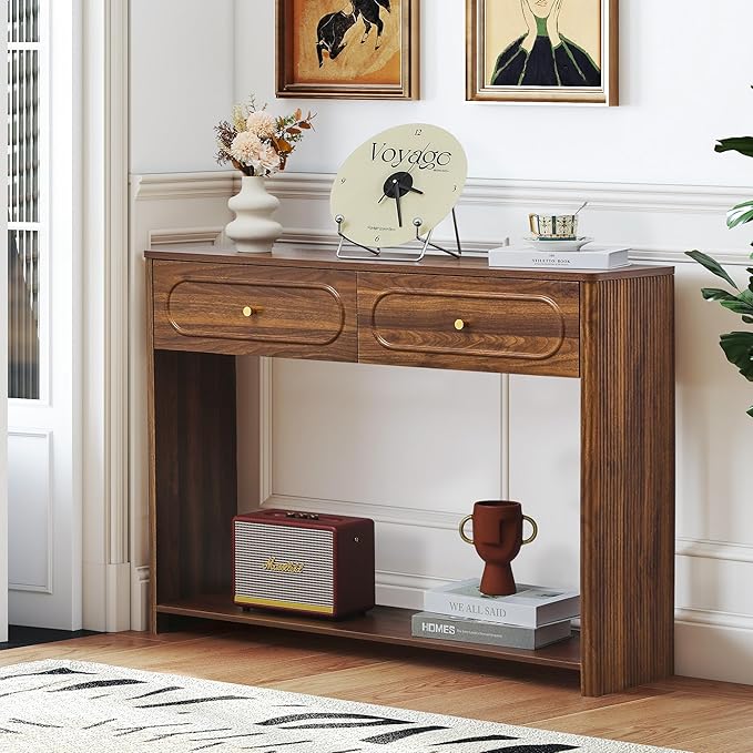 Fluted Console Table with Drawers, Mid-Century Narrow Entryway Table with Open Storage Shelves, Hallway Accent Tables Behind Couch Tables for Living Room (Walnut)