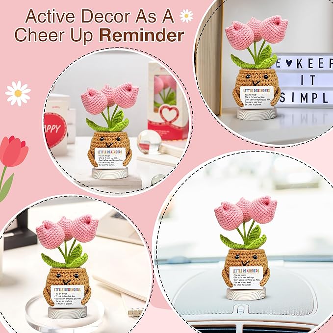 Gossby Handmade Positive Tulip Flower Crochet - Little Reminder You are Enough - Inspirational Gift for Women - Positive Energy, Apreciation, Farewell, Retirement, Goodbye Gift for Coworker