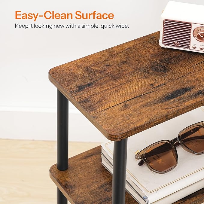 HOOBRO Narrow Side Table, 3-Tier Slim End Table No Tools Needed, Twist-On Assembly, Skinny Nightstand Sofa Storage Shelf for Living Room, Bedroom, Study, Rustic Brown and Black BF246BZ01N1