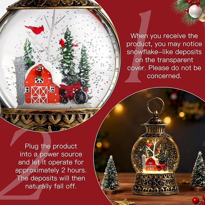 Christmas Snow Globe, Red Barn Truck Musical Snow Globe Lantern Lights with 6H Timer Battery & USB Powered, Retro Style Holiday Glitter Globe for Xmas Home Decoration Holiday Party Gifts