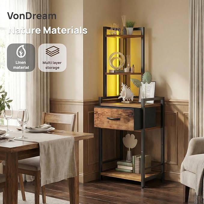 5-Tier Corner Shelf Stand with LED Lights & Fabric Drawer - Rustic Brown Freestanding Corner Cabinet Storage Organizer for Living Room, Bedroom, Office