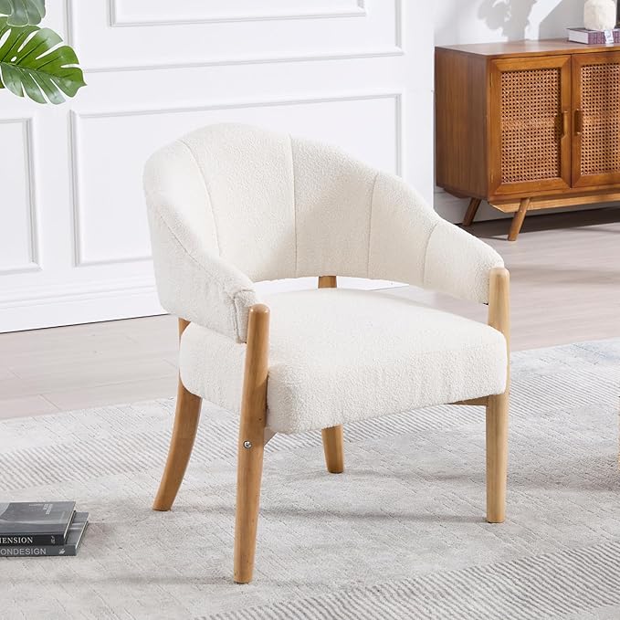 HEAH-YO Modern Accent Chair Set of 1,Upholstered Sherpa Living Room Chair,Reception Armchair with Solid Wood Legs,Reading Leisure Chair for Bedroom Makeup Vanity,White