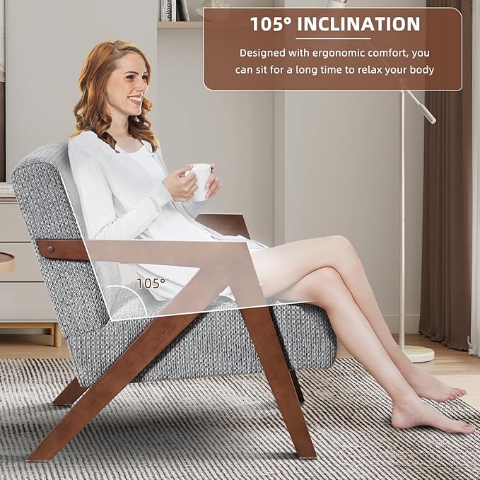 INZOY Mid Century Modern Accent Chair with Wood Frame, Upholstered Reading Armchair with Soft Linen Fabric, Accent Chair for Living Room Bedroom Apartment, Easy Assembly, Blue