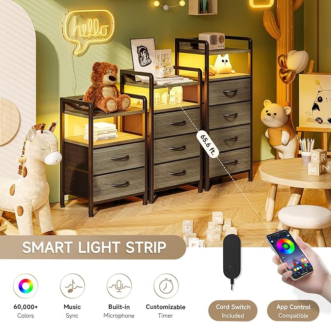 Night Stand with Charger Station - Grey Nightstand with LED Light Strip, Morden Bedside Table with USB Ports & AC Outlets, End Table with Storage Shelf & 3 Fabric Drawers