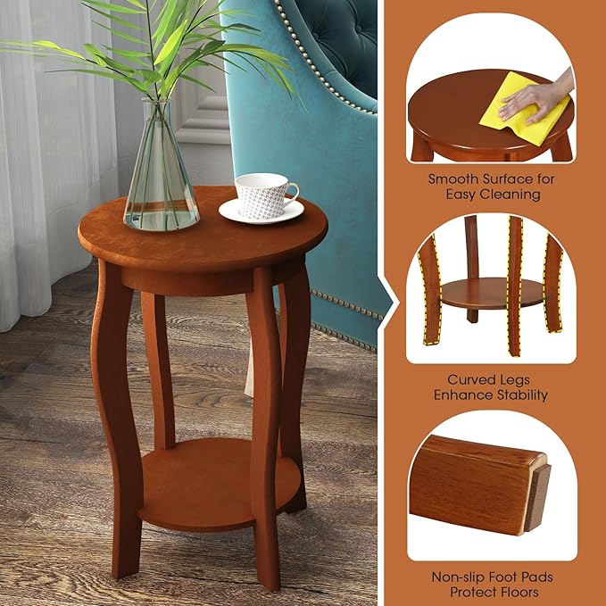 GOFLAME 2-Tier Round End Table Set of 2, Mid-Century Modern Sofa Side Table with Storage Shelf, Solid Wood Legs, Compact Accent Table, Nightstand for Living Room, Bedroom, Small Space, Walnut