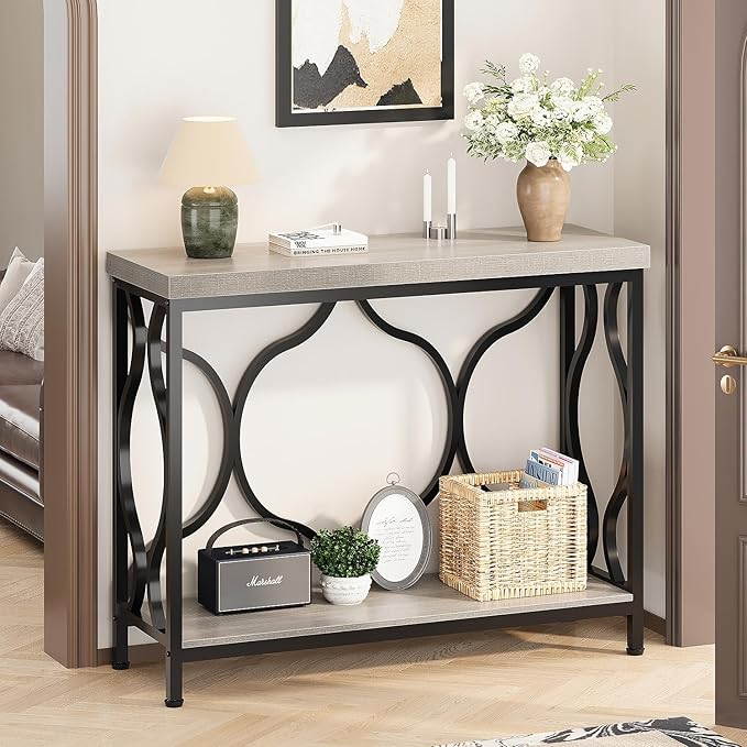 IBF Narrow Entryway Table with Storage, Modern Wood Metal Console Sofa Table Behind Couch Tables, Industrial Narrow Hallway Table for Living Room Home Office Foyer Entry Way Entrance, Grey, 39.4 Inch