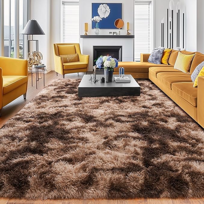 Rugs for Living Room 8x10, Soft Shaggy Modern Shag Area Rug for Bedroom, Upgrade Non-Slip Plush Fluffy Carpet for Kids Boys Girls Room Home Decor Aesthetic, Tie-Dyed Brown