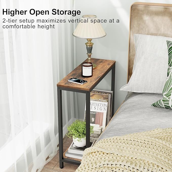 KIMBORA 8.6” Narrow Small Side Table for Small Spaces, 2 Tier Skinny Couch End Tables Living Room, Slim Nightstand for Bedroom Bedside, Brown
