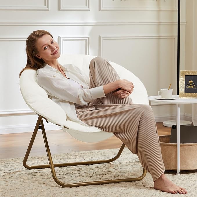 Simple Deluxe Saucer Chair, Round Foldable Reading Chairs, X-Large Size Cozy Papasan Chair, Comfy Furry Padded Moon Chair, Round Dorm Chairs for Bedroom Living Room, White
