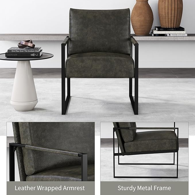 CANMOV Modern Accent Chair Set of 4, PU Leather Armchair with Metal Frame,Comfy Single Reading Chair with Soft Padded Backrest and Cushion for Living Room, Bedroom,Reading Room,Office,Dark Grey