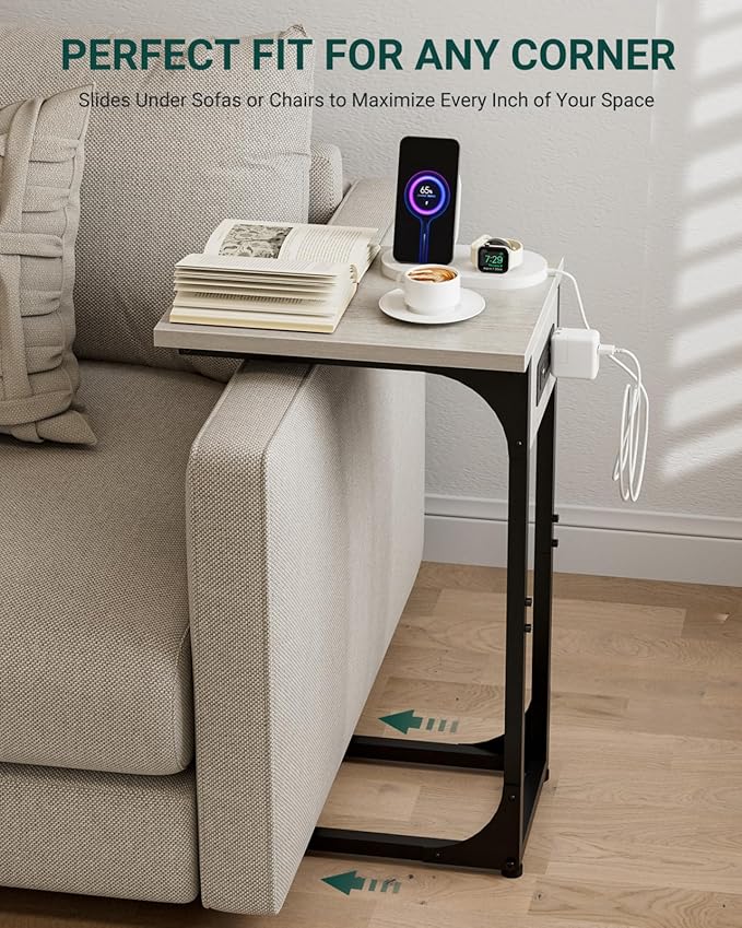 C-Shaped Side Table for Couch - Small Coffee Stand Sofa Tray Desk with Metal Frame Waterproof Scratch Resistant Wood Top and Built-in Charging Station, Greige