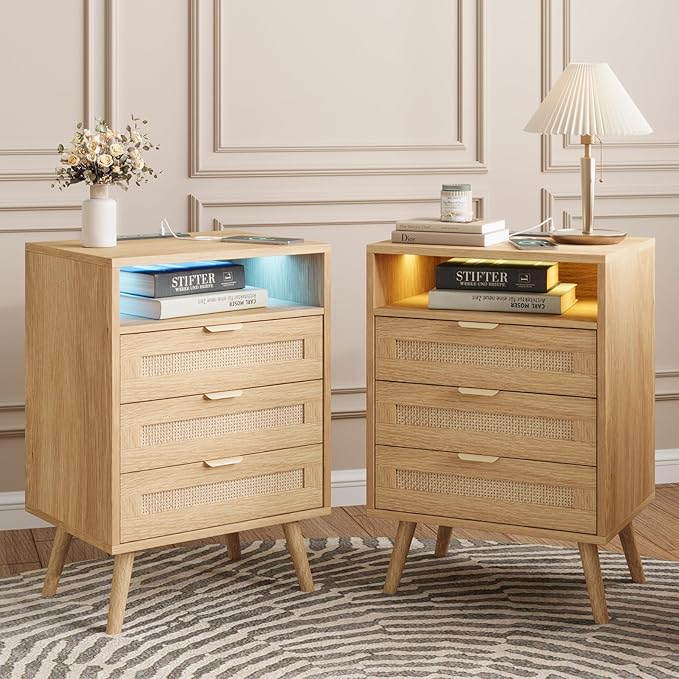 Rattan Nightstand Set of 2 with Charging Station and Led Lights and 3 Drawers, Boho Night Stand Set 2, Bedside Table Bed Side Table Sofa Table, End Tables Living Room,Bedroom(2 Pack)