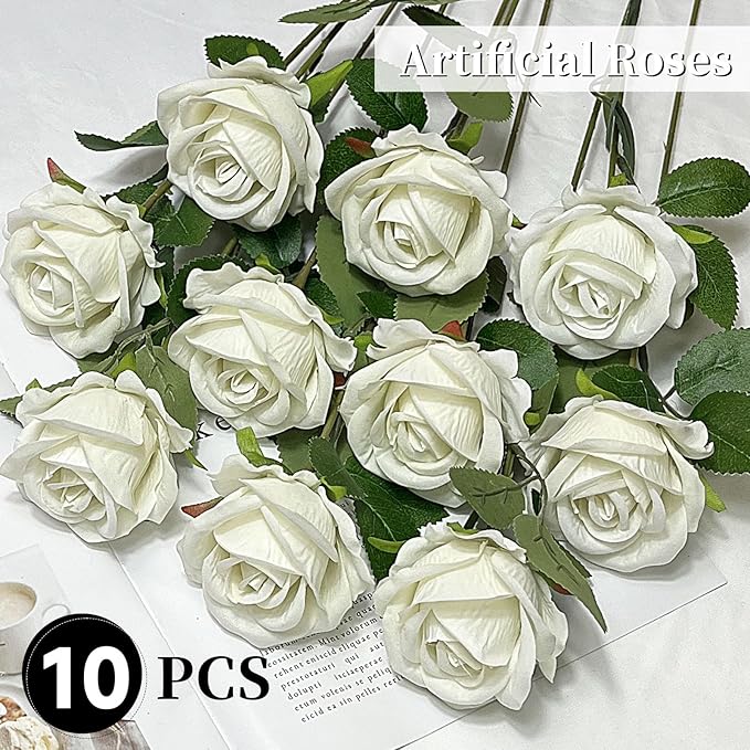 10 PCS Artificial Roses with Long Stems Silk Flowers Realistic Foam Flowers Fake Roses for Valentine's Day Home Wedding Halloween Decor(White)