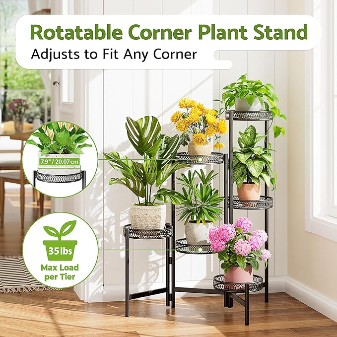 6 Tier Large Plant Stand Indoor with 7.9-Inch Wide Drainage Tray, Tiered Corner Metal Outdoor Flower Display Holder Shelf, Folding Tall Rack for House Patio Porch Balcony Graden - BlackFlower