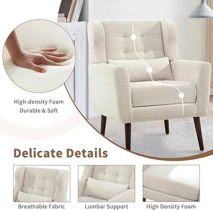 Modern Accent Chair, Upholstered Arm Chair with Waist Pillow, Single Sofa Chair for Living Room Bedroom Small Spaces (Beige)