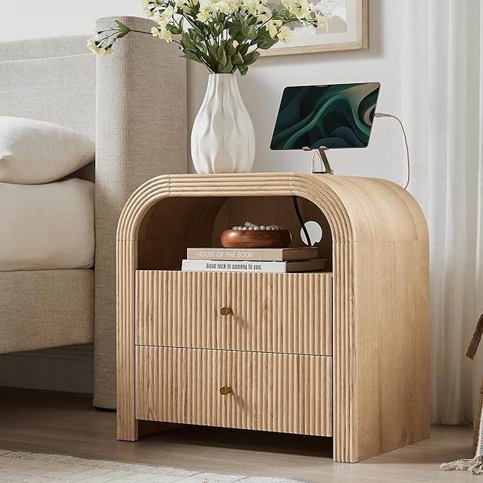 T4TREAM 24" Fluted Nightstand Set of 2, Large 2 Drawers Bedside Table with Charging Station, Modern End Table with Storage Night Stand for Bedroom, Living Room, Round Curved Corner Design, Natural Oak