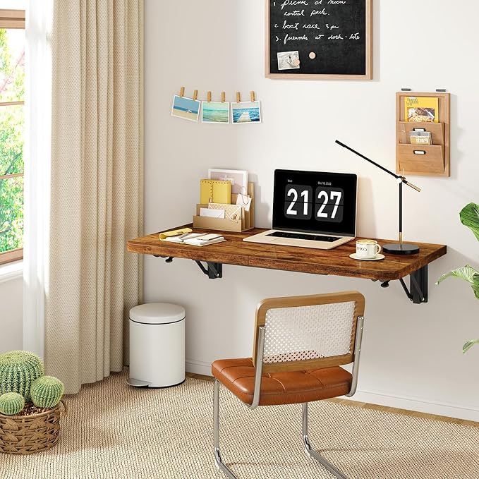 IBUYKE Wall Mounted Folding Table, Floating Wall Desk for Small Spaces, Fold Down Laundry Shelf with Heavy-Duty Brackets, Wall Table for Home Office/Bar/Kitchen/Dining, Rustic Brown UTVT005H