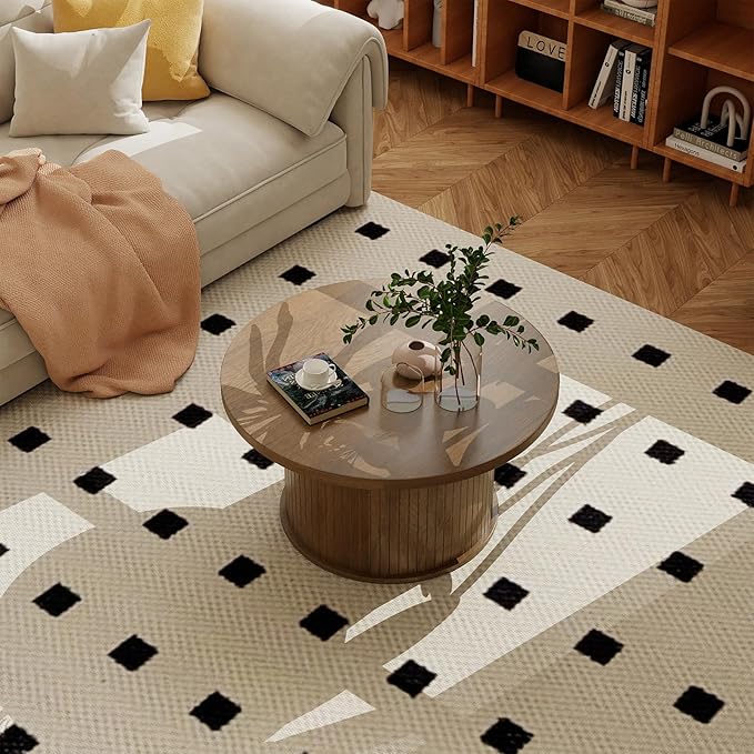 SoarFlash 31.5 Inch Fluted Coffee Table, Mid Century Modern Round Coffee Table, Center Table with Sliding Door and Wood Fluted Handle for Living Room, Brown