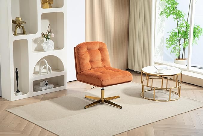 ZOBIDO Modern Accent Corduroy Chairs Comfy Upholstered Vanity Chairs for Bedroom Armchair Dining Chairs with Golden Metal Legs Desk Chair for Living Room(Orange