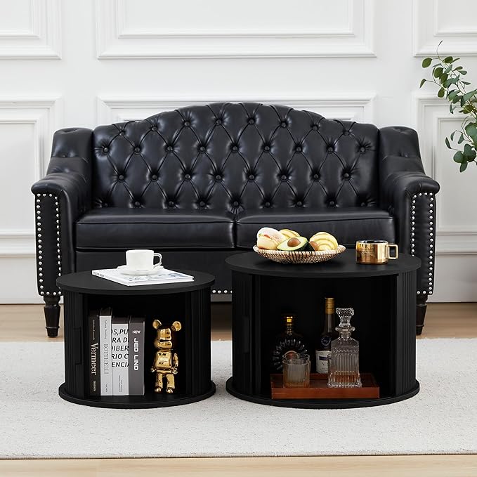 Round Coffee Table, 2 Piece Coffee Table Set with Storage Space and Sliding Door, Modern Fluted Coffee Side Table for Living Room, Office, Bedroom (Black)