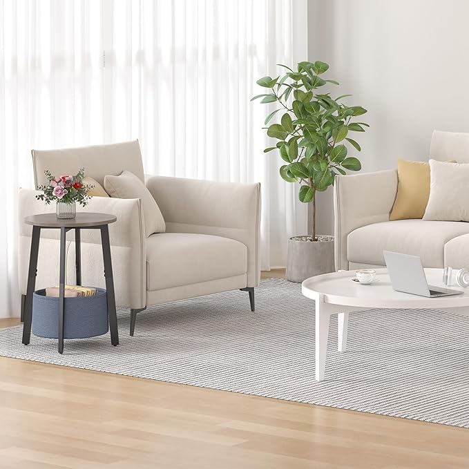 Small Round Side End Table Set of 2 with Cloth Storage Basket, Round Bedside Sofa Couch Coffee Tables for Small Places with Metal Frame, Modern Nighstands for Living Room Bedroom,Grey