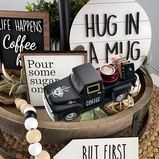 Coffee Decor for Coffee Bar Vintage Metal Truck with Mini Fake Books and Coffee Farmhouse Coffee Station Tabletop Coffee Ghost Sign Halloween Tiered Tray Decor Rustic Coffee Table Centerpiece, Black