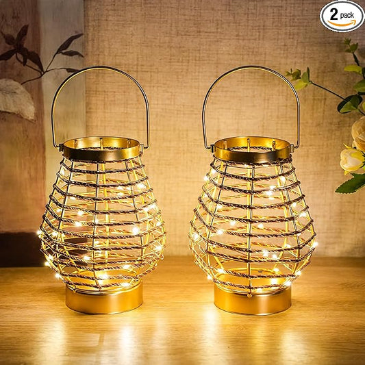 Set of 2 Metal Cordless Table Lamp 8 "H Metal Cage LED Cage Lamp with 6-Hour Timer, Vintage Decorative Fairy Lights Lantern for Indoor/Outdoor Bedrooms Weddings Parties Patio Events