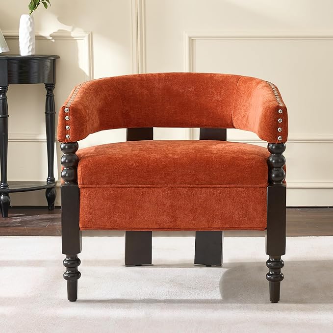 LOULENS Barrel Accent Chair for Living Room | Vintage Chenille Upholstered Lounge Chair with Solid Wood Legs, Armchair for Bedroom, Reception Room & Reading Nook, Orange