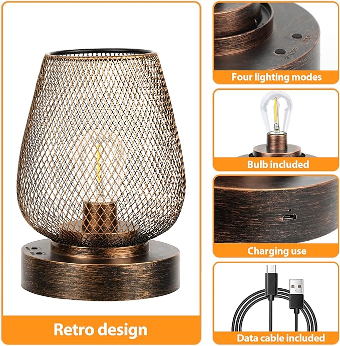 UBright 2 Pack Rechargeable Table Lamp Cordless Table Lamp Battery Operated Lights Metal with 4 Lighting Mode Indoor Outdoor Lights for Patio Bedroom Living Room (Bulb Included) Bronze