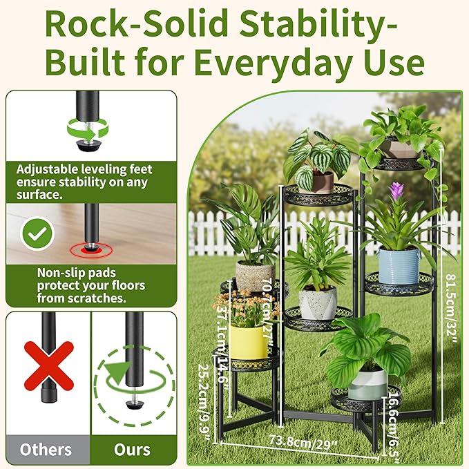 7 Tier Large Metal Plant Stand Indoor Outdoor with 7.9 Inch Wide Tray, Tiered Corner Plant Stand, Flower Display Holder Shelf, Folding Tall Rack for Patio Porch Balcony Living Room Garden - BlackWave