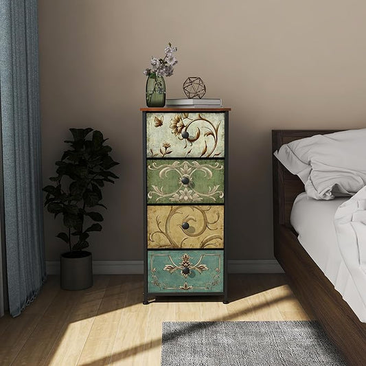 Tohomeor Small Dresser for Bedroom with Retro Flower Narrow Drawers Slim Chest of Drawers Skinny Nightstand Sofa End Table for Living Room Entryway Closet Storage (Multi, 4 Drawers)
