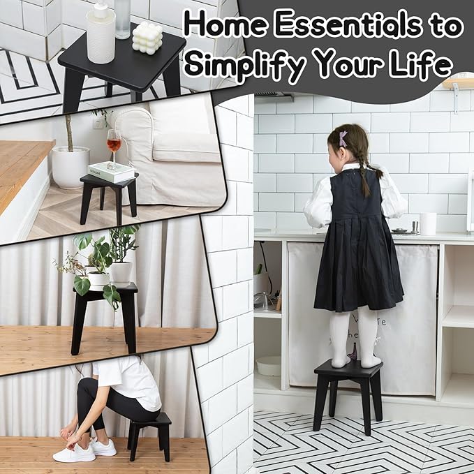 StrongTek Bamboo Step Stool for Kids and Adults, Natural Material, Sturdy and Versatile Short Foot Stool for Bathroom, Kitchen, Bedroom, Compact 10-inch Small Wood Stool, Plant Stand (Black)