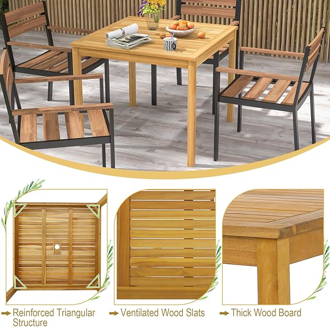 Tangkula Square Outdoor Dining Table, 4-Person Acacia Wood Dining Table with 1.9” Umbrella Hole, Farmhouse Patio Bistro Table, Indoor Outdoor Dining Furniture for Yard Deck Lawn