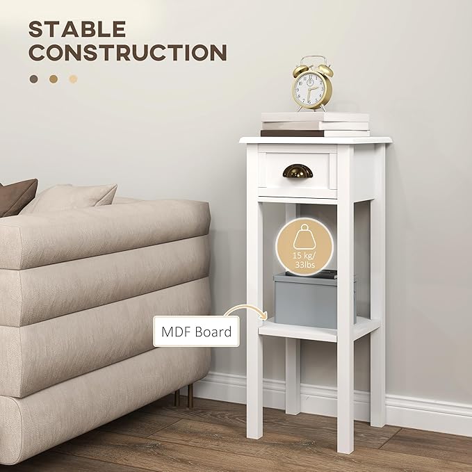 HOMCOM 2-Tier Side Table with Drawer, Narrow End Table with Bottom Shelf, for Living Room, Set of 2, White