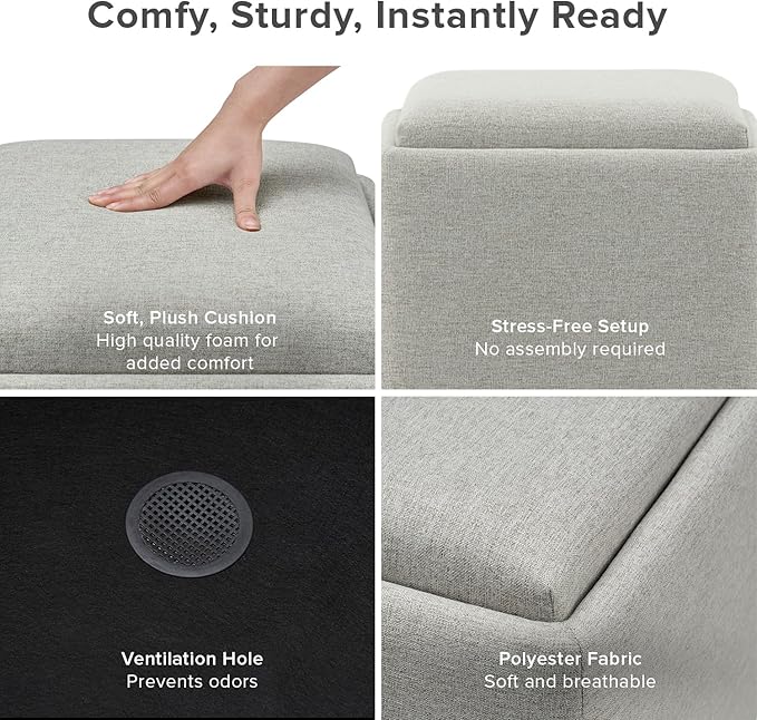 mopio Levi Storage Bench with Reversible Tray, Modern Storage Coffee Table, Bedroom Bench, Rectangular Cube Upholstered Coffee Table Ottoman for Living Room, Bedroom, Entryway (Fabric, Light Gray)