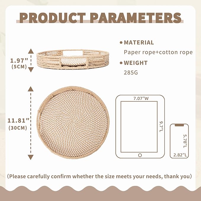 GYASVWU Round Decorative Serving Tray with Handles, Paper Rope Woven Tray for Coffee Table, Rattan Serving Tray for Ottoman, Dining Table Trays, Wicker Trays for Kitchen/Living Room/Bedroom (Beige)