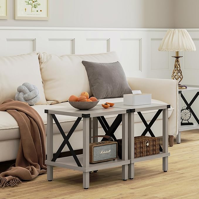 Large End Table Farmhouse Side Table Industrial Style Sofa Table Metal X Accent Wood Coffee Table NightStand with Storage Shelf for Living Room Bedroom Oak Grey MLBZ16Z