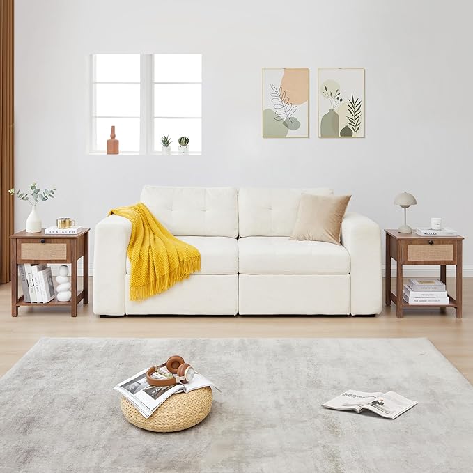 Wood Nightstand, 21.65" H End Table with Flax Finish, Modern Night Stands with Drawer, Farmhouse Bedside Table for Bedroom Living Room (Walnut)