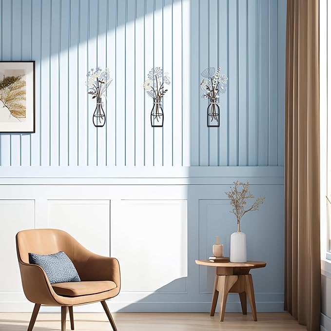 3 Pieces Metal Flowers Wall Art Decor, House Minimalist Bathroom Wall Decors Sculptures for Living Room Dining Room Bedroom Housewarming Gifts