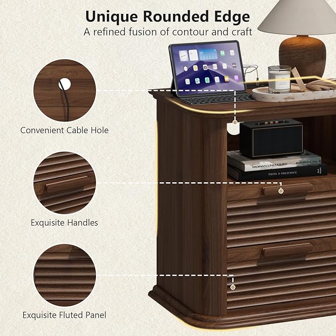 22'' Fluted Nightstand with Charging Station, Modern End Table with 2 Drawers and Open Storage, Wood Night Stand with Round Corner, Side Bedside Table for Bedroom, Living Room, Curved Profile,Walnut