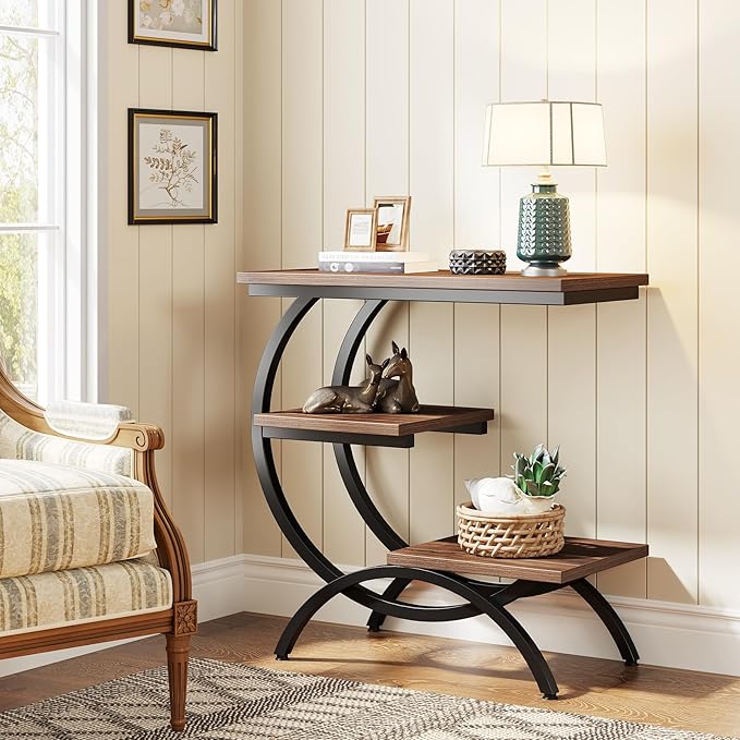 Tribesigns C-Shaped End Table Set of 2, Industrial 3-Tier Small Side Table for Couch, Wood Bedside Table Snack Side Table with Storage Shelves for Living Room Small Space, Rustic Brown