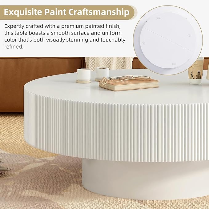31.5" Round Fluted Coffee Table, Modern Wood Circle Coffee Table, White Fluted Tea Center Table with Thick Tabletop & Sturdy Pedestal for Living Room Apartment- Easy Assembly