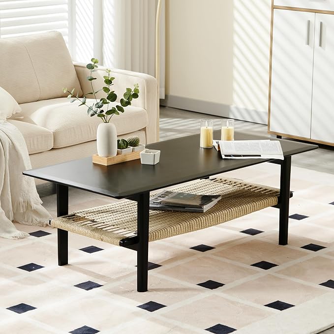 Farmhouse Coffee Table with Rattan Storage Boho Mid Centry Modern Center Table with Under Shelf Wood Living Room Table with Woven Shelf Underneath for Living Room Lounge, Black