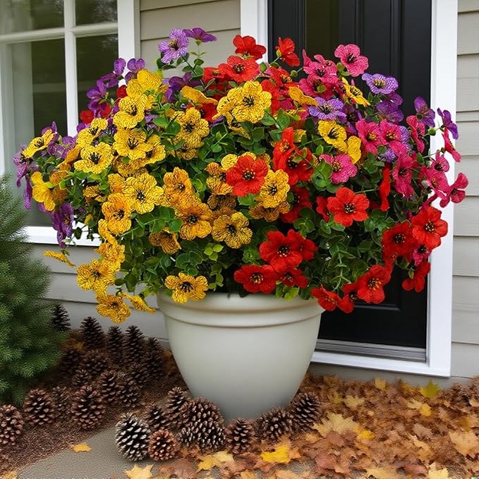 12 Bundles Artificial Flowers for Outdoor Indoor Fake Flowers uv Resistant Artificial Outdoor Flowers Fake Plants for Porch Garden Home Patio Decor (Mix Pink Red Purple Yellow)