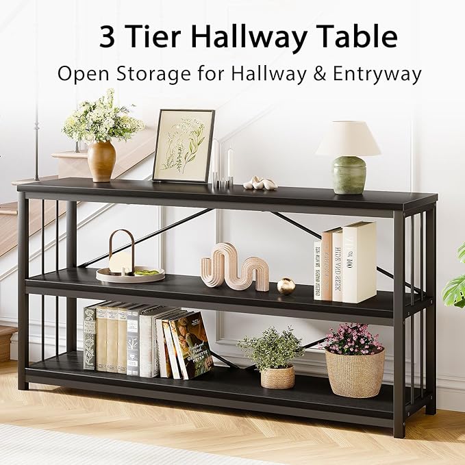 LVB Black Entryway Table, Modern Narrow Console for Hallway, Industrial Farmhouse Foyer Table with Storage Shelves, 63 Inch