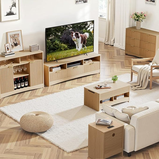 Amada Lift Top Coffee Table with Storage Shelf & Hidden Compartment, Modern Fluted Rectangle Dining Table for Living Room, Home Office,Natural Oak