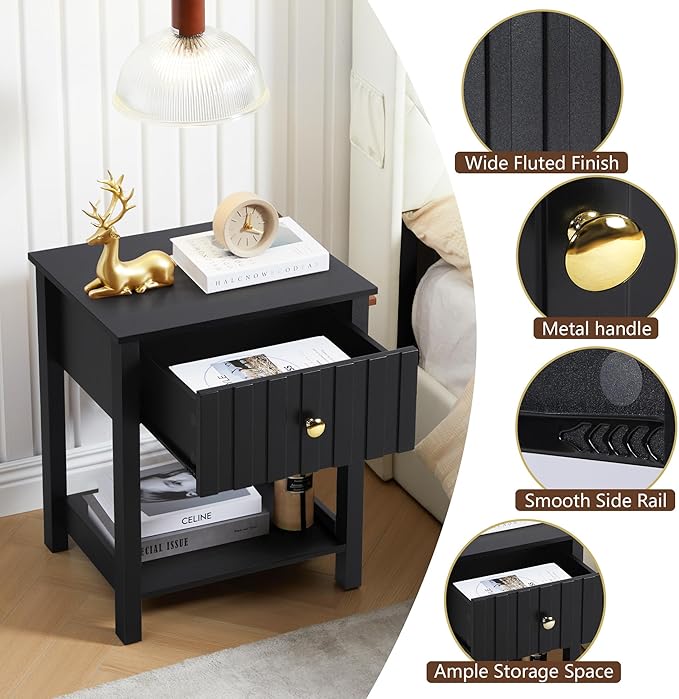 Wood Nightstand Set of 2, 21.65" H Bedside Table with Wide Fluted Finish, Modern Night Stands with Drawer, Mid Century End Table for Bedroom (Black-2 Packs)